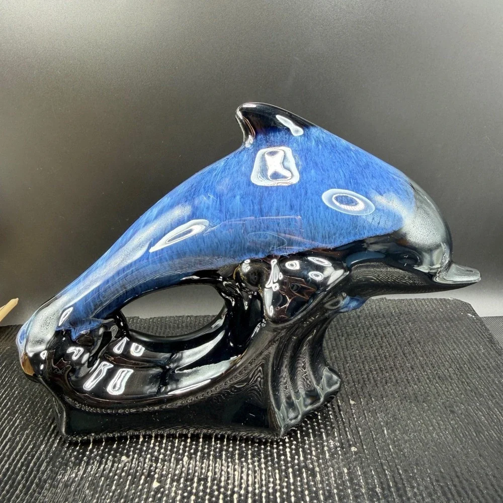 Blue Black Drip Glaze Ceramic Dolphin Figurine Nautical Coastal Decor 7 Inch